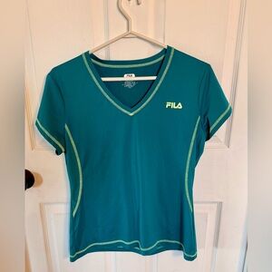 👚🩵Fila Sport Women's Aqua and Neon Green V-Neck Tee🩵👚